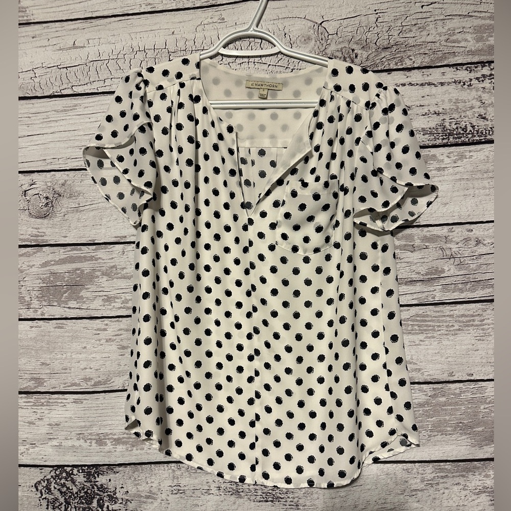 41 Hawthorn Ivory & Black Polka Dot Blouse | Short Sleeve | Size M